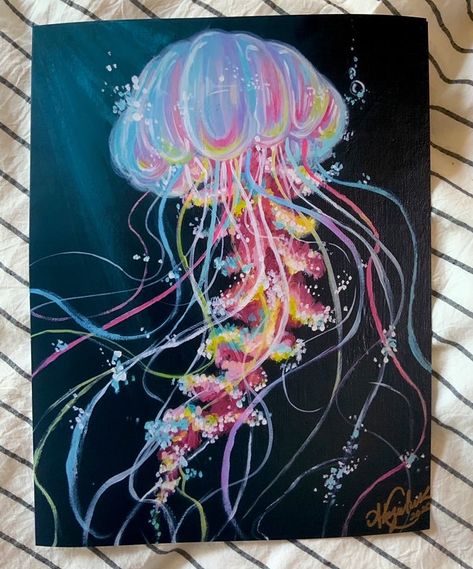 Jellyfish Art Painting, Paintings Of Jellyfish, Colorful Jellyfish Painting, Jelly Fish Painting Ideas, Jellyfish Drawing Colored Pencil, How To Paint Jellyfish, Jellyfish Art Acrylic, Jellyfish Painting Acrylic Easy, Jelly Fish Painting Acrylic