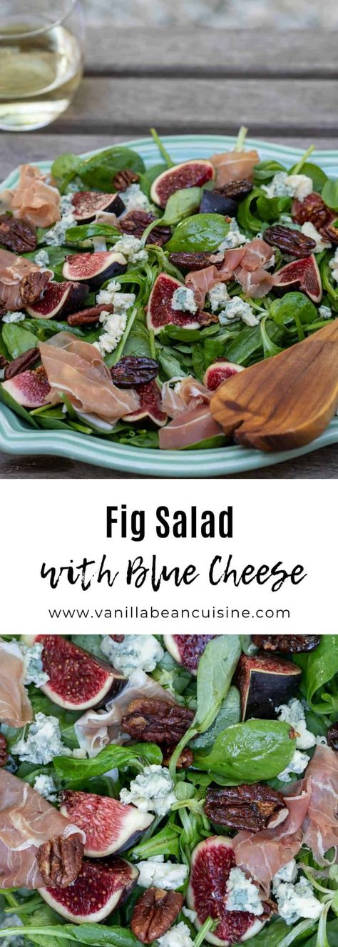 This fig salad contains baby spinach tossed in a balsamic vinaigrette, then topped with fresh figs, blue cheese, proscuitto, and lightly caramelized pecans. #figsalad #figs #vanillabeancuisine #salad #glutenfree #lowcarb Fig Recipes Fresh, Fig Salad Recipes, Figs Blue Cheese, Caramelized Pecans, Salad With Blue Cheese, Fig Salad, Roasted Figs, Blue Cheese Salad, Vegetarian Main Course