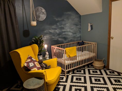 Grey, Navy, Mustard, Night Sky inspired Navy And Mustard Nursery, Yellow And Blue Nursery, Mustard Yellow Nursery, Dark Wood Nursery, Mustard Nursery, Kids Church Decor, Baby Boys Nursery, Clean And Organized Home, Life Reminders