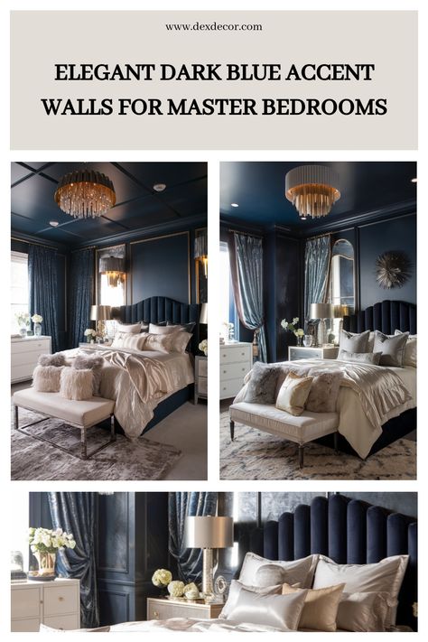 Elegant master bedroom with dark blue accent walls, plush bedding, and a gold chandelier, creating a luxurious atmosphere. Kitchen Tile Inspiration, Dark Gray Bedroom, Ensuite Bathroom Designs, Modern Bedroom Colors, Compact Kitchen Design, Dark Blue Bedrooms, Light Colored Furniture, Grey Bedroom Furniture, Blue Accent Walls