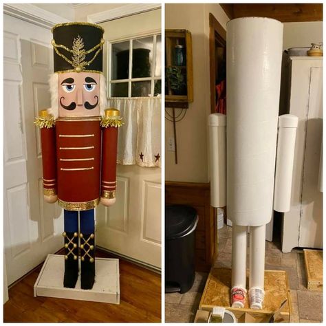 They are made with cement foundation tubes 12” and 4” pvc pipe scrap wood for the base the hands are large dollar tree Christmas balls Christmas Pvc Pipe Decorations, Large Nutcracker Diy, Pvc Pipe Christmas Decorations, Diy Pvc Christmas Decorations, Pvc Christmas Decorations, Diy Large Nutcracker, Pvc Christmas Tree, Nutcrackers Made From Clay Pots, Homemade Nutcracker Soldier