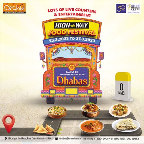 Highway Food Festival. Lots of live countries & Entertainment!!! Savour the Authentic Flavours of Dhabas 📍Race Course, Madurai, India, Tamil Nadu 📱0452 254 5678 🌐http://fortunepandiyanhotel.com . . . #FortunePandiyan #HotelFortunePandiyan #FortunePandiyanMadurai #Madurai #ITCHotels #CharcoalSkewersRestaurant #OrchidRestaurant #TheRanchBar #ThePastryShop #HotelAccommodation #Hotel #Restaurant #buffet #highwayfoodfestival #foodfestival #dhabas Indian Food Truck, Dhaba Food, Highway Restaurant, Food Festival Poster, Food Creatives, Franchise Food, Mumbai Street Food, Chocolate Pictures, Food Promotion