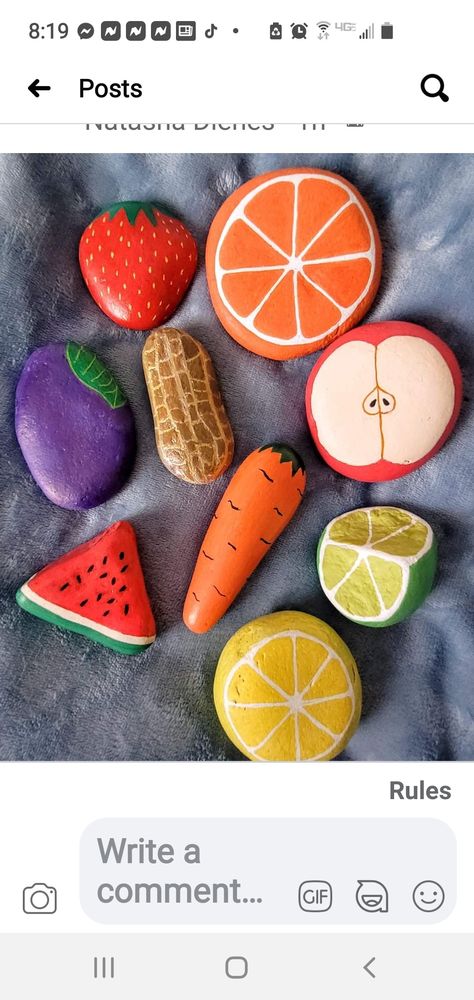 Fruit Rock Painting Ideas, Rock Painting Fruit, Rocks Painted Like Food, Food Rock Painting Ideas, Fruit Pebbles, Sweet Patato, Avocado Painting, Garden Rocks, Painted Fruit