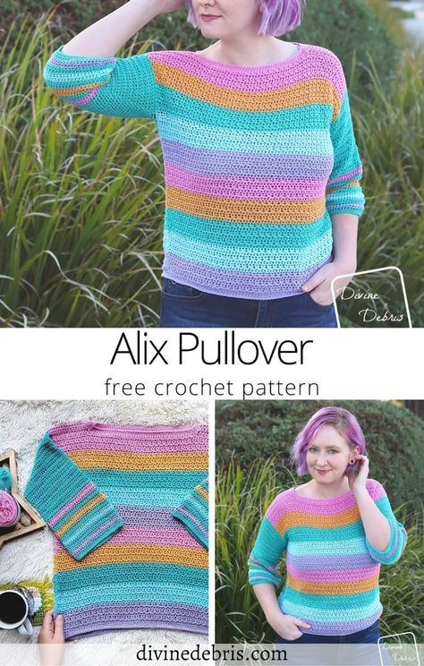 The free Alix Pullover crochet pattern by DivineDebris.com - Pullover Crochet, Friends Crochet, Crochet Tank Tops, Crochet Wearables, Crochet Skirt Pattern, Crochet Shrug Pattern, Crochet Sweater Pattern Free, Crochet Sweaters, Crochet Tops Free Patterns