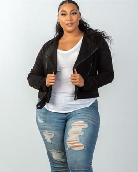 Asymmetric Faux Suede Jacket - Black Edgy Plus Size Outfits, Edgy Plus Size, Faux Suede Moto Jacket, Suede Moto Jacket, Meghan Trainor, Faux Suede Jacket, Stylish Plus, Black Women Fashion, Suede Jacket