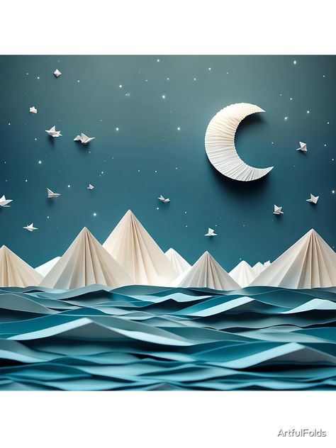 "Origami Art - Silver Serenity: Moonrise Over the Sea" Kids T-Shirt for Sale by ArtfulFolds | Redbubble Sea Origami, Origami Landscape, Moonrise Over The Sea, Landscape Sea, Kids Theater, Velvet Curtains, Origami Art, Night Art, Stars At Night