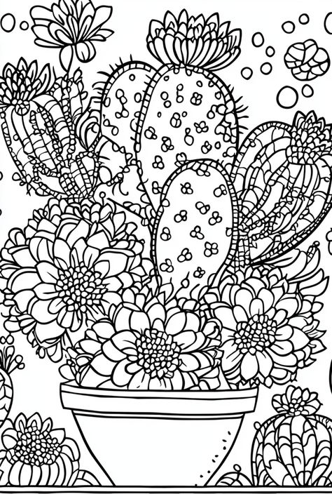 A free adult coloring page of a detailed cactus surrounded by blooming succulents and intricate floral elements in a decorative pot. Houseplant Coloring Pages, Bold Coloring Pages For Adults, Adult Coloring Pages Free Printable, Free Coloring Pages Printables, Floral Coloring Pages, Printables Ideas, Free Adult Coloring Printables, Succulent Design, Coloring Printables