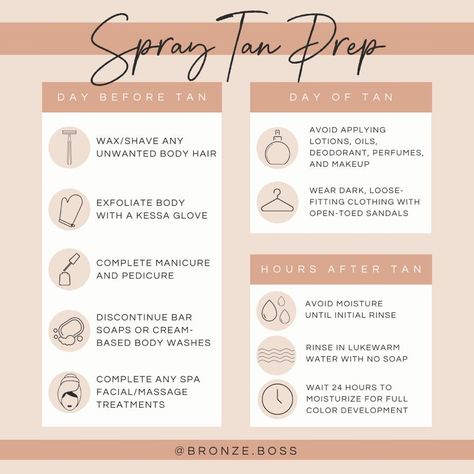 Your Step-By-Step Guide To Spray Tan Skin Prep - bronzeboss.co Spray Tan Guide, Spray Tan Prep, Norvell Spray Tan, Spray Tan Room, Spray Tan Marketing, Spray Tanning Quotes, Tan Tips, Spray Tan Tips, Spray Tan Salons