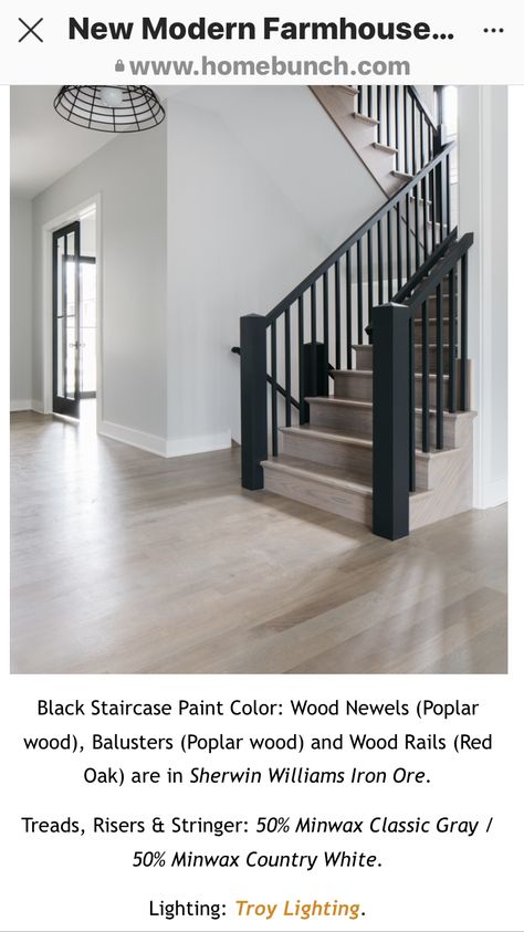 Wood Stairs Black Railing, Light Wood Floors Dark Stair Railing, Iron Ore Stairs, Black Risers On Stairs, Stairwell Update, Bech House, Stained Staircase, Painted Wood Stairs, Stairway Ideas