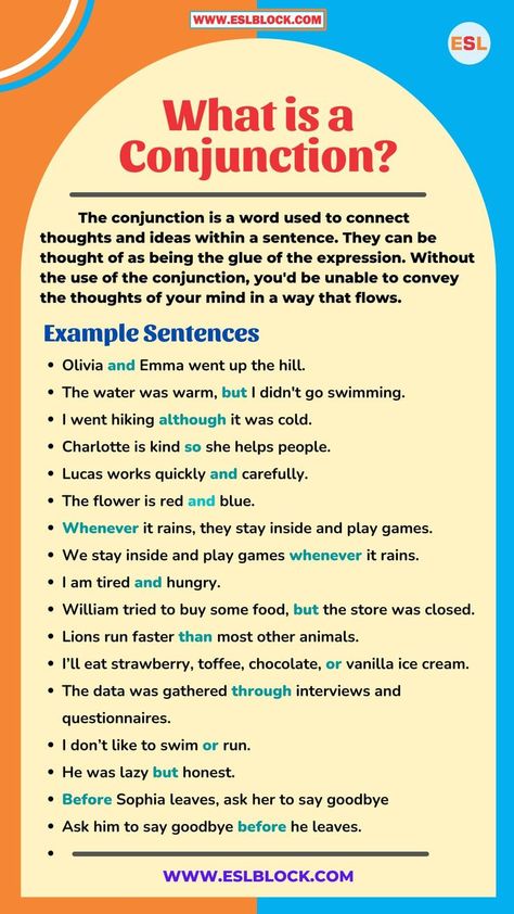 Conjunction Example Sentences, Subordinating Conjunctions Anchor Chart, Conjunction Chart, Conjunction Examples, Subordinating Conjunctions Worksheets, Teaching Conjunctions, Conjunctions Anchor Chart, Correlative Conjunctions, Conjunctions Worksheet