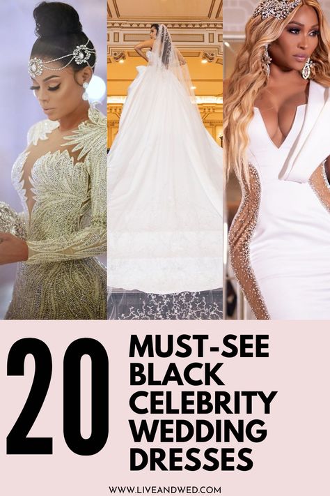 Are you engaged and looking for a wedding dress? We put together a gallery of 20 black celebrity wedding dresses. This post is for you if you are still looking for inspiration for your wedding dress. Celebrity Wedding Dress| Black celebrities| Black Hollywood Wedding| Black Wedding | African Wedding |UK Wedding #nigerianwedding #blackwedding #weddingdress #ghanawedding #congowedding #ukwedding #blackbrideuk #weddingplanning Black Weddings African Americans, Black People Wedding Dresses, Celebrity Wedding Hair, Celebrity Wedding Photos, Black Brides, Ghana Wedding, Dress Celebrity, African Bride, Celebrity Wedding Dresses