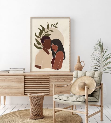 Boho Couple Painting, Boho Art Painting Couple, Black Couple Painting, Boho Drawings, Art Prints Minimalist, Black Woman Art, Boho Painting, Couple Painting, Woman Art