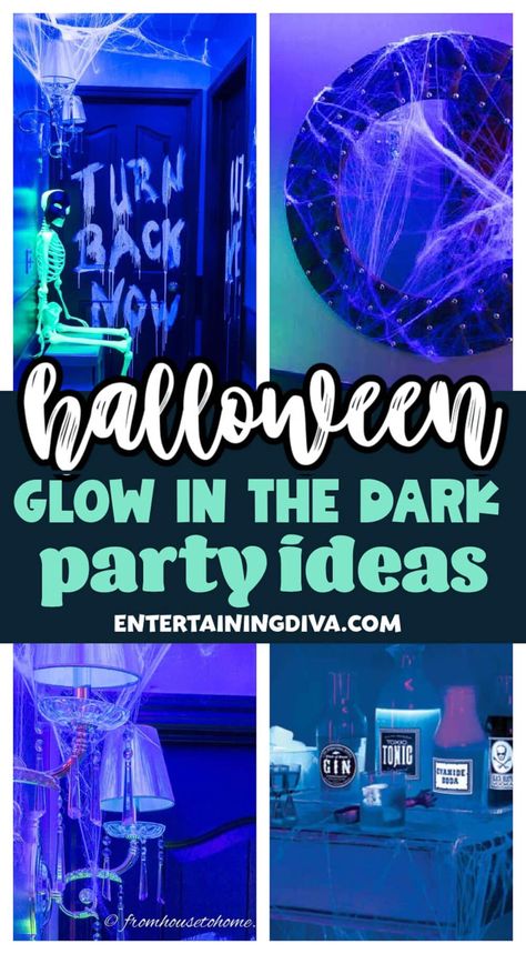 These DIY glow in the dark Halloween party decorations are awesome! They're easy to make and look so cool! Black Light Halloween Decorations, Black Light Halloween, Diy Black Light, Halloween Brunch, Haunted Halloween Party, Dark Costumes, Glow Halloween, Halloween Haunted House Decorations, Glow In The Dark Party