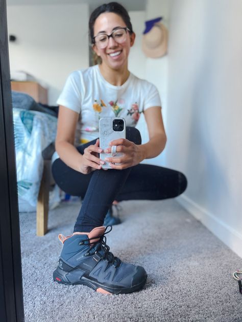 Woman wearing Salomon X Ultra 4 Mid GTX hiking boots Salomon Hiking Boots, Salomon X Ultra 4, Hiking Boots Outfit, Flower Shorts, Hiking Fashion, Hiking Boots Women, Botanical Flowers, Boots Outfit, Outdoor Adventure