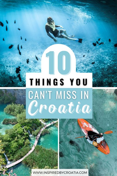 A collage of three photos of Croatia. The top landscape photo shows a scuba diver swimming among fish in a crystal blue sea. The bottom left photo shows a wooden walkway crossing over the amazing blue lakes at Plitvice Lakes National Park. The bottom right photo shows a person on an orange kayak, kayaking in beautiful blue water. Things To Do In Croatia Bucket Lists, Croatia Things To Do, Slano Croatia, Croatia Snorkeling, Balkans Itinerary, Croatia Bucket List, Summer In Croatia, Things To Do In Croatia, Croatia Summer