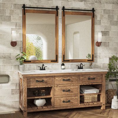 Bring a rustic style to your house decor with this farmhouse barndoor bathroom mirror. Crafted with waterproof solid wood frame with matte black metal bracket, this wall vanity mirror is heavy-duty and sturdy..The natural tone of the frame takes the style a bit further and gives the attractive look of barn wood. Comes with pre-drilled holes, this wall mirror is easy to be wall mounted Gracie Oaks Size: 40" x 26" | Gracie Oaks Brunilda Rustic Farmhouse Solid Wood Frame Accent Mirror Decorative Mi