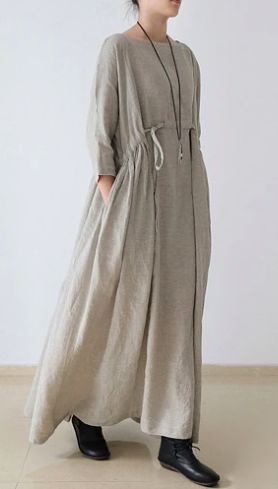 2017 autumn plus size linen dresses asymmetric bracelet sleeved drawstring maxi dress Tunik Linen, Dresses Asymmetric, Linen Fashion, Mode Casual, Maxi Dress Cocktail, Linen Maxi Dress, Vestidos Vintage, Muslimah Fashion, Abayas Fashion