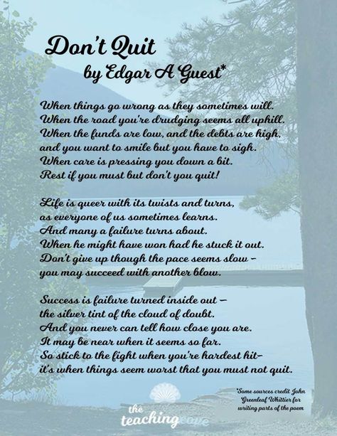 Don't-Quit-Poem-New-2 Poems About Dreams, Dont Quit Poem, The Time Will Pass Anyway, Motivational Mondays, Poems In English, Motivational Poems, Meaningful Poems, Canmore Alberta, Teaching Printables