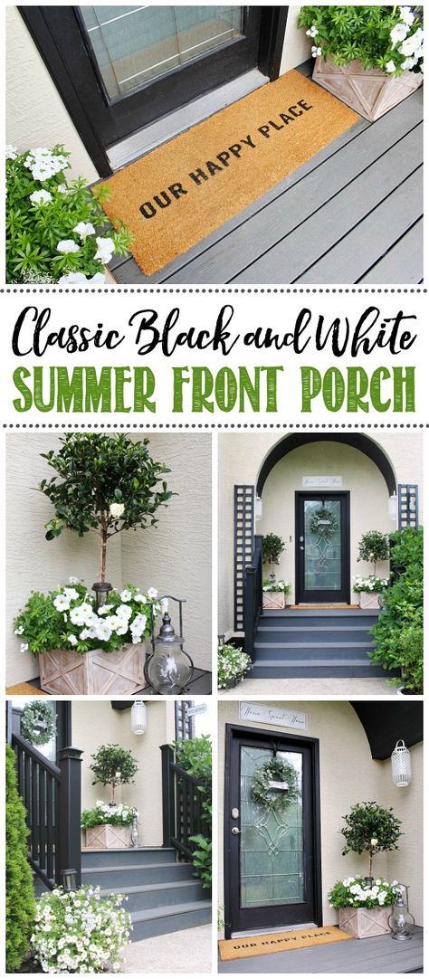 Beautiful front porch decorating ideas! Traditional front porch with magnolia topiaries, white flowers, and a black painted door.   #frontporch #frontporchdesign #traditionaldesign #trex #summerdecor #summerfrontporch Simple Front Porch Decor, Traditional Front Porch, Simple Front Porch, Front Porch Decorating Ideas, House Additions, White Porch, Front Porch Decor Ideas, Front Yard Decor, Porch Paint