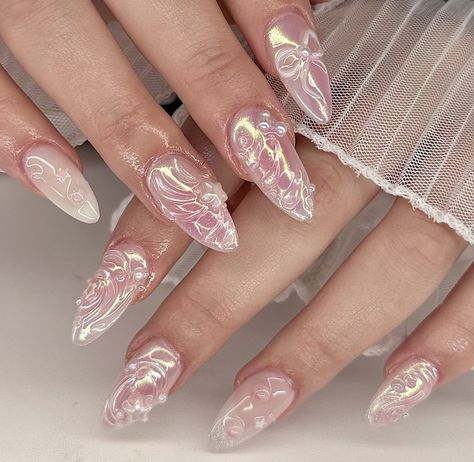 Coquette Summer Nails, Coquette Nail Inspo Almond, Philippines Nails, Cute Back To School Nails Acrylic, Whimsy Nails, Nail Design Gems, Aphrodite Nails, Angelic Nails, Ethereal Nails