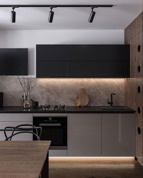 Dark Interior Design, Flat Interior Design, Black Kitchen Decor, Minimalist Flat, Simple Interior Design, Interior Minimalista, Flat Interior, Simple Interior, House Design Kitchen