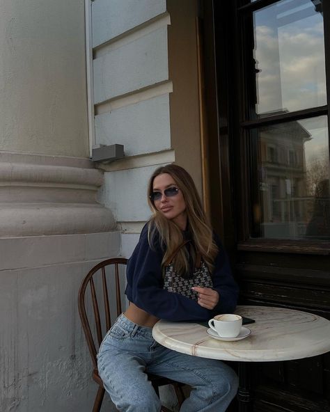 Alena Esipova, Fitness Goals, Stylish Outfits, Denim Skirt, Mom Jeans, A Photo, Fashion Outfits, Coffee, Pants