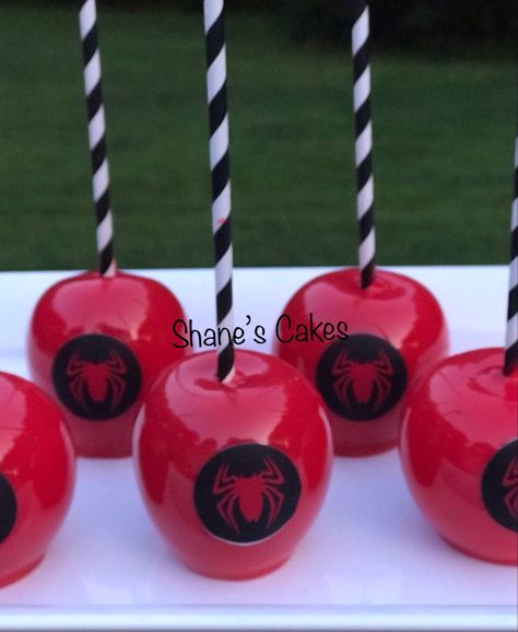 Red spiderman themed candy apples Red Candy Apples, Spiderman Theme Party, Dipped Apples, Halloween Basket, Spiderman Theme, Red Spider, Halloween Baskets, Apple Dip, Man Food