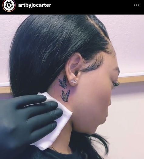 Artist IG: @artbyjocarter Small beautiful behind the ear butterfly neck tattoo Tattoo for girls Small tats  Neck tats Tattoo Ideas Ear, Small Behind The Ear Tattoo, Neck Tats, Butterfly Neck Tattoo, Behind The Ear Tattoo Ideas, Chicanas Tattoo, Behind The Ear Tattoo, Cute Tattoos On Wrist, Behind Ear Tattoos