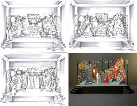 Stage Sketch Set Design, Stage Design Sketch, Scenography Sketch, Stage Sketch, Scenic Design Sketch, Scenic Design Theatres, Sketch Model, Interior Architecture Sketch, Restaurant Exterior Design