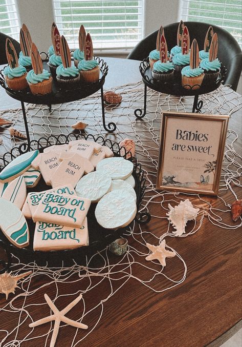 Surfer Gender Reveal Ideas, Beach Theme Gender Reveal Ideas, Baby On Board Gender Reveal, Baby On Board Cupcakes, Baby Shower Themes Boy Summer, Baby Boy Summer Baby Shower Themes, Baby On Board Decorations, Water Theme Baby Shower Ideas, Ocean Themed Gender Reveal