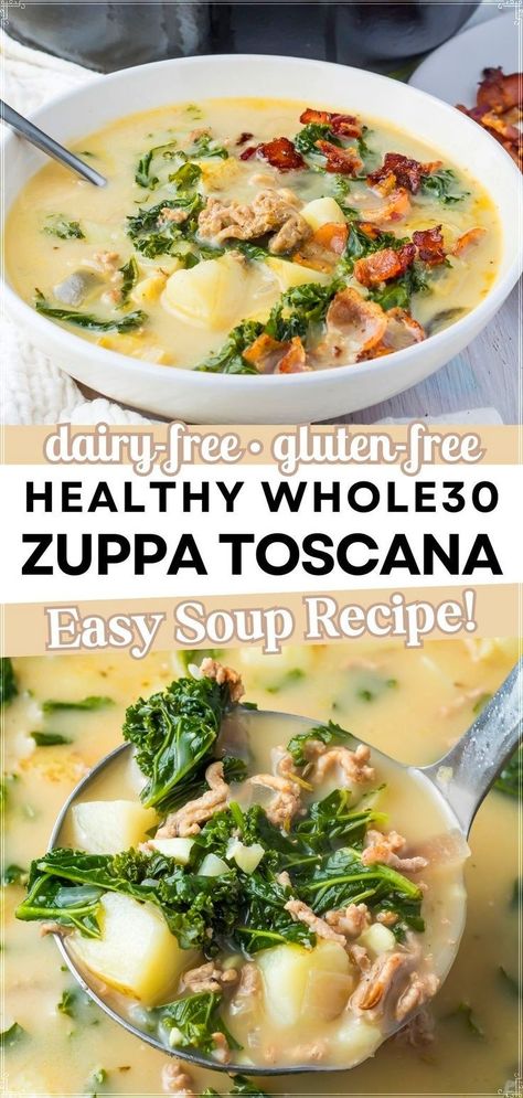 Whip up this simple yet flavorful Dairy Free Zuppa Toscana Soup that’s both paleo and Whole30 friendly. It’s made with healthful ingredients like sausage, bacon, potatoes, and kale, and substitutes dairy with coconut milk for a rich, creamy base. This easy recipe ensures a delicious meal without much fuss, perfect for a quick dinner. Healthy Zuppa Toscana, Traditional Risotto, Egg Breakfasts, Dairy Free Soup Recipe, Mushroom Barley, Soup Paleo, Toscana Recipe, Barley Risotto, Zuppa Toscana Soup