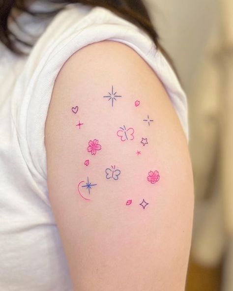 Sparkle Tattoo Color, Colorful Line Tattoo, Tattoo Cute Aesthetic, Cute Colored Tattoos, Tattoo Mini Cute, Cute Colorful Tattoos, Pusheen Tattoo, Small Color Tattoo, Colorful Tattoos For Women