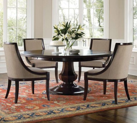 Information: Brownstone Furniture Sienna Round Dining Table Features: The Sienna Round Table by Brownstone is elegant and refined - it can be dressed up, but is stylish enough to be used in relaxing setting. The dinning top is made from richly grained mahogany with a warm chestnut finish. This classic, 56' round table extends to 72' with its perimeter extension leaves. Dimensions: 56"-72" Dia. (Expandable) x 29.5" H Free Delivery Large Round Dining Table, Round Dining Room Sets, Round Dining Table Modern, Round Dining Room Table, Round Pedestal Dining, Round Pedestal Dining Table, Round Dining Table Sets, Set Meja Makan, Round Dining Room