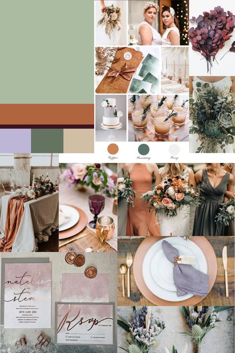 Wedding Colors November Colour Palettes, Lavender And Terra Cotta Wedding, Copper Sage Wedding, Rust And Lilac Wedding, Rust And Lavender Wedding, Terracotta And Lavender Wedding, Wedding Vision Board, Wedding Pallet, Lavender Wedding Colors