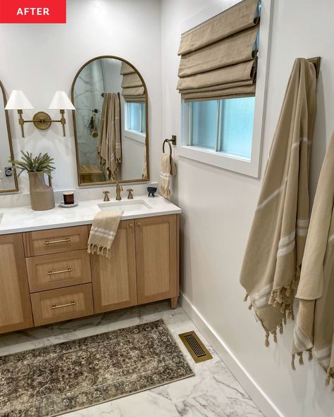 Benjamin Moore Natural Wicker, 1980s Bathroom, Wicker Bathroom, Large Framed Mirrors, Earthy Home, Framed Mirrors, Bathroom Luxury, Transitional Living, Custom Vanity