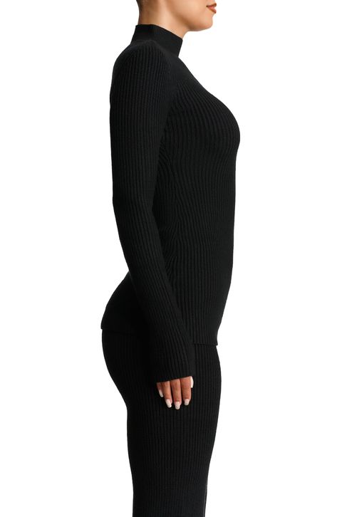 Wide ribbing lends bold energy to this matching set featuring a mock-neck top and coordinating straight-leg pants. Top has mock neck; long sleeves Pants have pull-on style 52% viscose, 27% polyester, 21% nylon Hand wash, line dry Imported Naked Wardrobe, Mock Neck Top, Nordstrom Store, Fabric Gifts, Free Fabric, Black Fits, Straight Leg Pants, Matching Sets, Long Sleeve Top