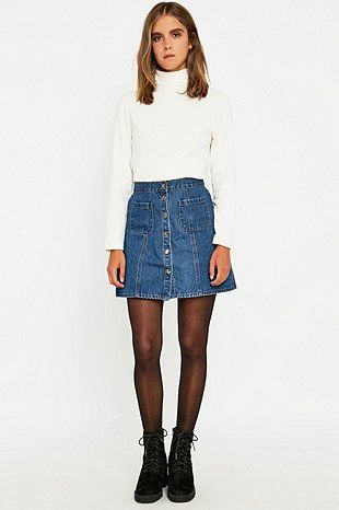 Urban Outfitters Denim A-Line Skirt Skirt Outfits For Winter, Outfits For Winter, Jean Skirt Outfits, Rok Mini, Denim Skirt Outfits, Winter Skirt Outfit, Brunch Outfit, Skirt Outfit, Jeans Rock