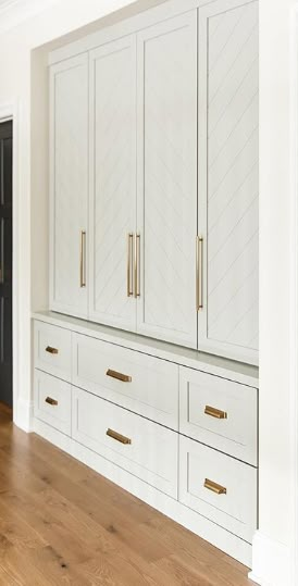 Closet With Cabinet Doors, Long Hallway Closet, Hamptons Wardrobe, Hallway Linen Storage, Hallway Cabinets Built In, Linen Cabinet Hallway, Wall To Wall Closet, Laundry Room And Mud Room, Artsy House