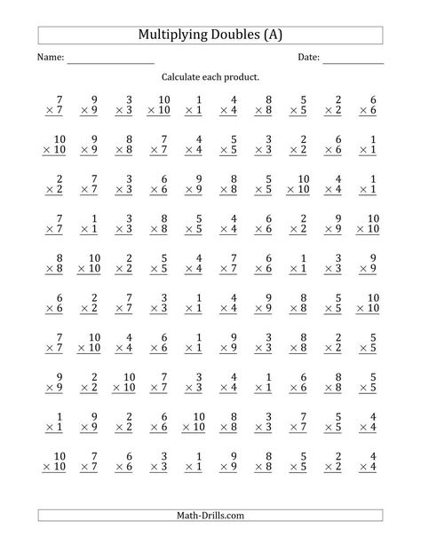 The Multiplying Doubles from 1 to 10 with 100 Questions Per Page (A) Math Worksheet Doubles Worksheet, Free Printable Multiplication Worksheets, Multiplication Practice Worksheets, Free Multiplication Worksheets, Printable Multiplication Worksheets, Multiplication Facts Worksheets, Math Multiplication Worksheets, Math Fact Worksheets, Math Practice Worksheets