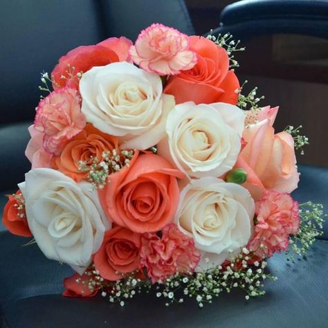 Coral Carnations, Bridal Bouquet Coral, White Gypsophila, Coral Wedding Flowers, Coral Roses, Rose Bridal Bouquet, Bridesmaid Bouquets, Rose Wedding Bouquet, White Wedding Bouquets