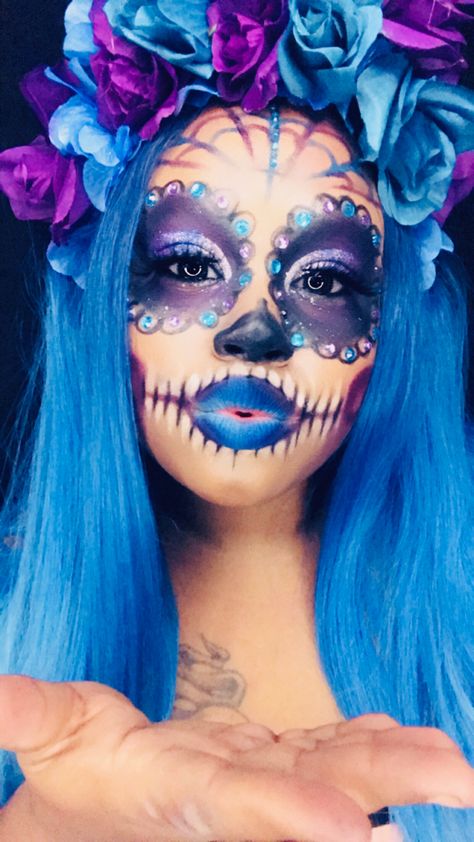 Sugar skull halloween makeup Purple Sugar Skull Makeup, Sugar Skull Halloween Makeup, Purple Sugar Skull, Skull Halloween Makeup, Halloween Makeup Sugar Skull, Sugar Skull Halloween, Sugar Skull Makeup, Skull Makeup, Skull Halloween