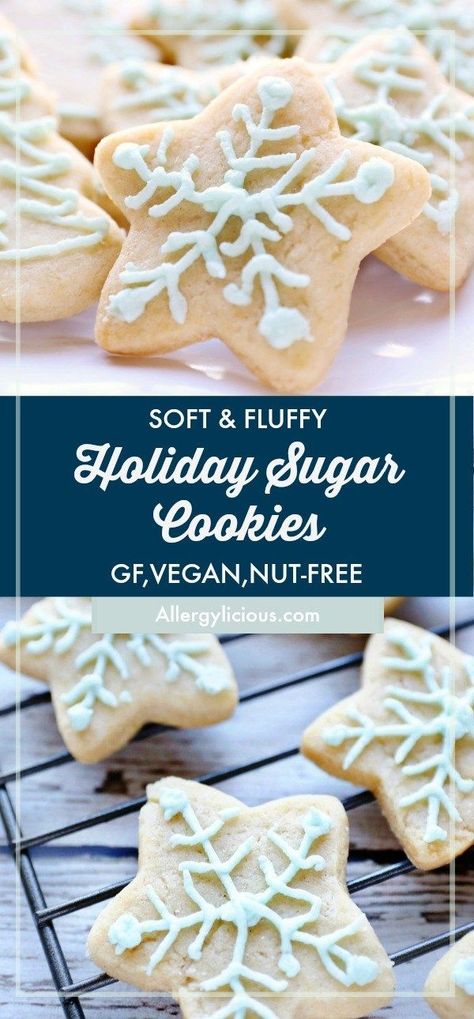 Soft & fluffy Sugar Cookies cut-outs for all your Holiday baking. Vegan & Gluten-free Fluffy Sugar Cookies, Baking Vegan, Vegan Christmas Cookies, Vegan Sugar Cookies, Holiday Sugar Cookies, Gluten Free Sugar Cookies, Vegan Christmas Recipes, Gluten Free Cookie Recipes, Vegan Cookies Recipes