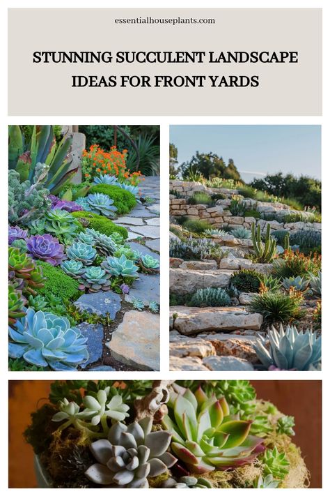 Stunning succulent landscape designs for front yards with various colorful plants and rocks. Front Yard Succulent Landscaping Ideas, Succulent Landscaping Ideas, Landscaping With Succulents, Drought Tolerant Landscape Front Yard, Succulent Rock Garden, Succulent Landscape, Succulent Varieties, Succulent Species, Landscape Design Ideas