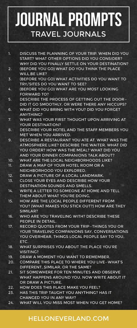 Creative Traveler: Ideas for making your travel journal more interesting. Journal prompts: travel journal - Hello Neverland Travel Journal Writing Prompts, Study Abroad Journal Prompts, Travel Title Ideas, Travel Journal Ideas How To Start, Travel Journal Questions, Study Abroad Journal, Travel Prompts, Travel Journalling, Journal List