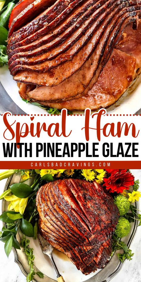 Planning your Thanksgiving dinner menu? This baked ham would be a beautiful centerpiece for your table! Incredibly moist, juicy, and flavorful, this Spiral Ham Recipe with Pineapple Glaze is also one of the best Christmas main dishes! Spiral Ham In Oven Pineapple, Spiral Ham With Pineapple, Spiral Ham Recipes, Baked Spiral Ham, Cooking Spiral Ham, Ham With Pineapple, Recipe With Pineapple, Thanksgiving Ham, Sugar Ham