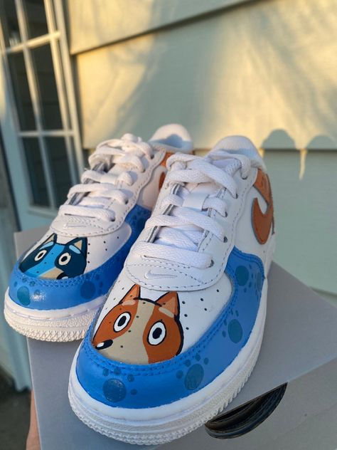 Custom Air Force Ones, Customized Shoes, Bluey And Bingo, Bluey Bingo, Painted Sneakers, Custom Nike Shoes, Custom Air Force 1, Baby Blue Colour, Leather Paint