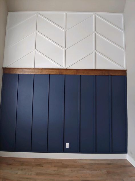 Navy Wainscoting Hallway, Trendy Accent Walls, Wood Wanescotting, Wanescotting Accent Wall, Herringbone Board And Batten Wall, Den Accent Wall, Herringbone Accent Wall Bathroom, How To Board And Batten Wall, Shiplap With Wainscoting