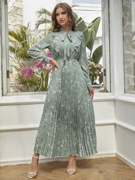 Free Returns ✓ Free Shipping On Orders $49+ ✓. Floral Print Pleated Hem Tie Neck Dress- Women Dresses at SHEIN. Gown Frock Design, Midi Gowns, Bodycon Evening Dress, Affordable Bridesmaid Dresses, Dress Party Night, Tie Neck Dress, Modest Clothing, Frock Design, Fabric Floral