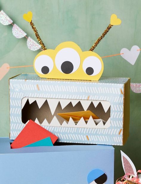 Valentines Day Tissue Mailbox Little Monster Monster Valentine, Valentine Boxes For School, School Kids Activities, Valentines Envelopes, Valentine Card Box, Monster Valentines, Monster Box, Valentine Mailbox, Valentine Day Boxes