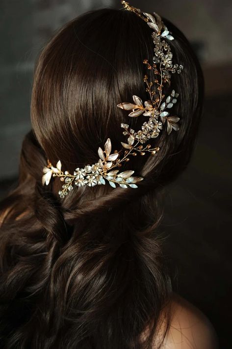 Vine With Flowers, Gold Wedding Hair Piece, Opal Hair, Wedding Hairpiece, Wedding Hair Wreath, Crystal Hair Vine, Hair Wreaths, Bride Headpiece, Wedding Hair Down